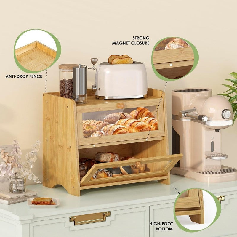 Double Layer Bamboo Bread Box Large Wooden Farmhouse Bread Storage Windows3