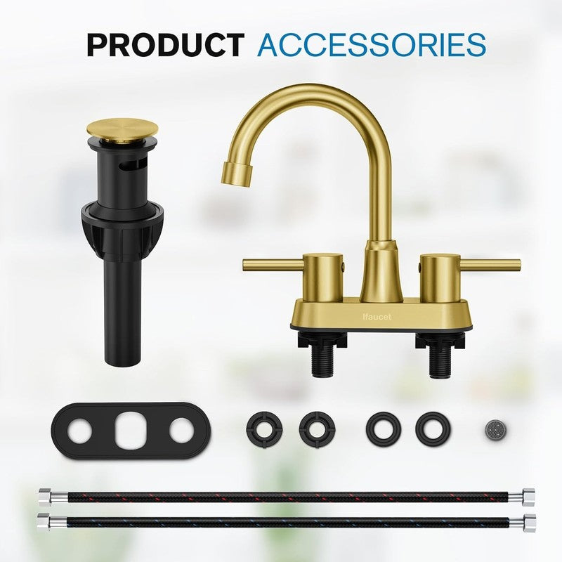 Brushed Gold Bathroom Faucet 4" Centerset 2 Handle w/ Copper Drain5