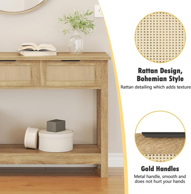 47'' Rattan Console Table Natural Boho Entryway Sofa Table 3 Drawer Storage8