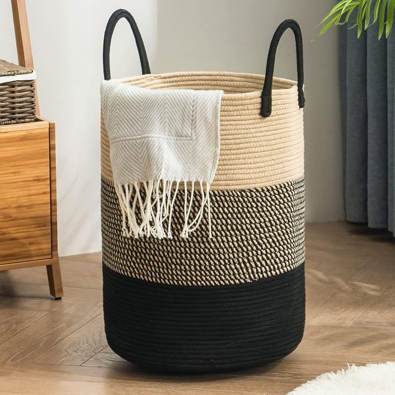 58L Woven Rope Laundry Hamper Basket, Tall Clothes Bin for Bedroom & Nursery10