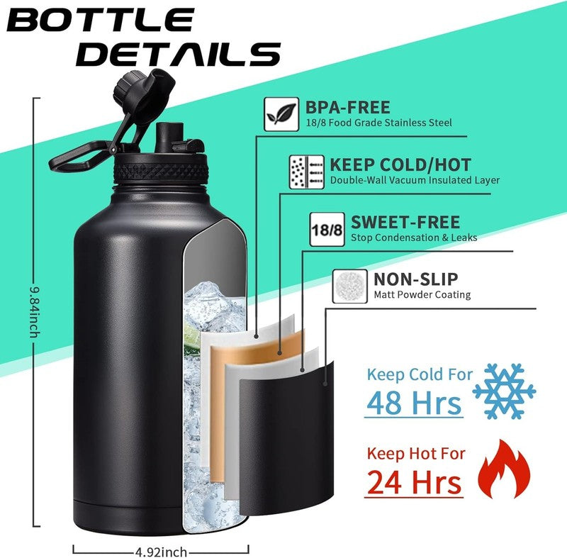 64oz Insulated Water Bottle w/ Paracord Handle, Straw & Spout Lids, Carrier Bag3