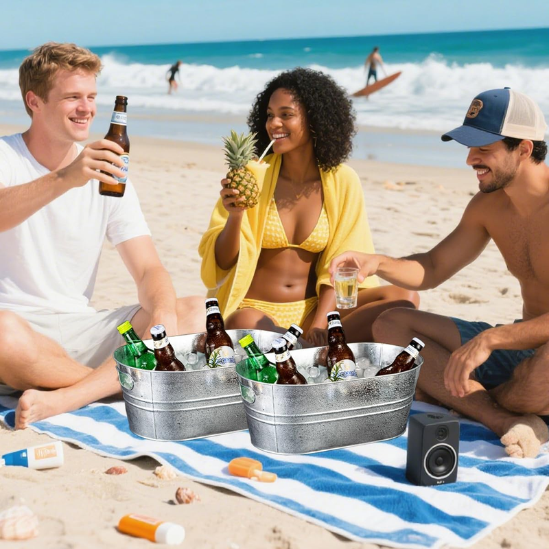 2 Pack Galvanized Ice Buckets 3 Gallon Metal Tub w/ Handles Party Beer Wine5