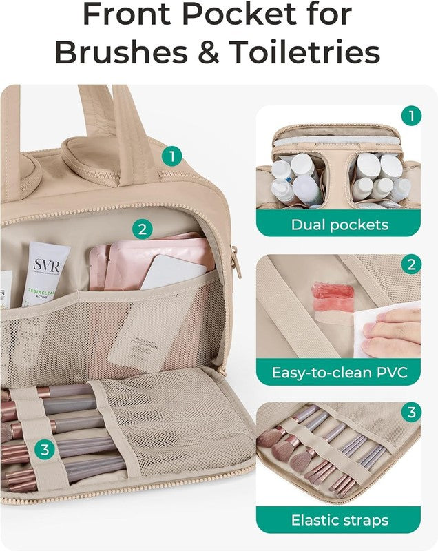 Travel Toiletry Bag Large Wide-Open Puffy Cosmetic Organizer Khaki1