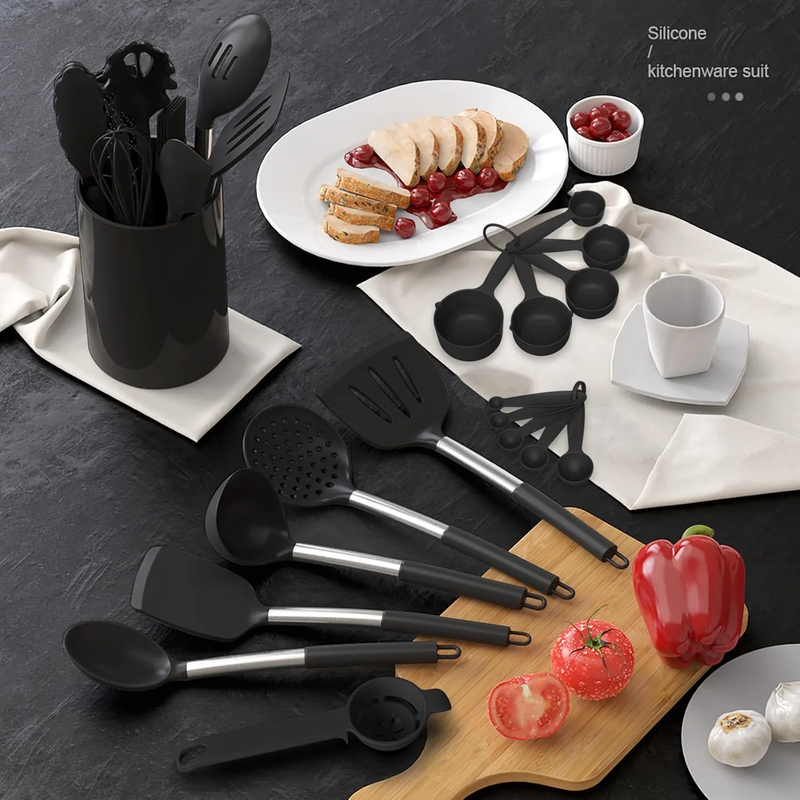 Silicone Cooking Utensils Set Heat Resistant Kitchen Tools Black3