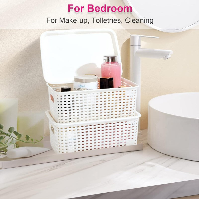 6 Pack Plastic Storage Bins with Lids, Stackable Organizer Baskets White6