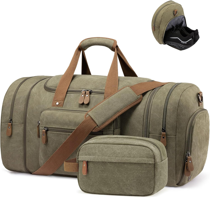 Canvas Travel Duffle Bag Army Green Carry On w/ Shoe Compartment Toiletry8