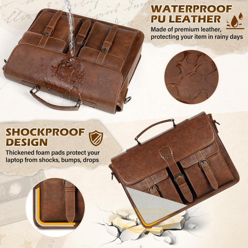 Messenger Bag Men 15.6 Inch Leather Vintage Laptop Waterproof Satchel Brown3
