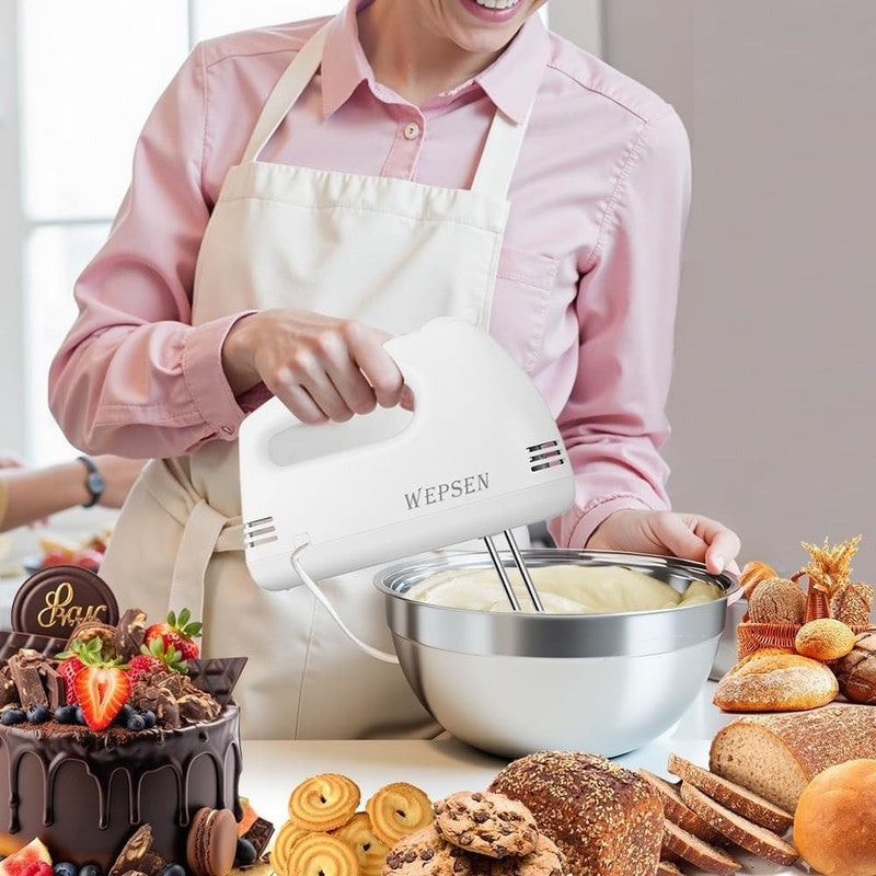 5-Speed Electric Hand Mixer, 4 Large Mixing Bowls Set, Handheld Mixers with Whis5