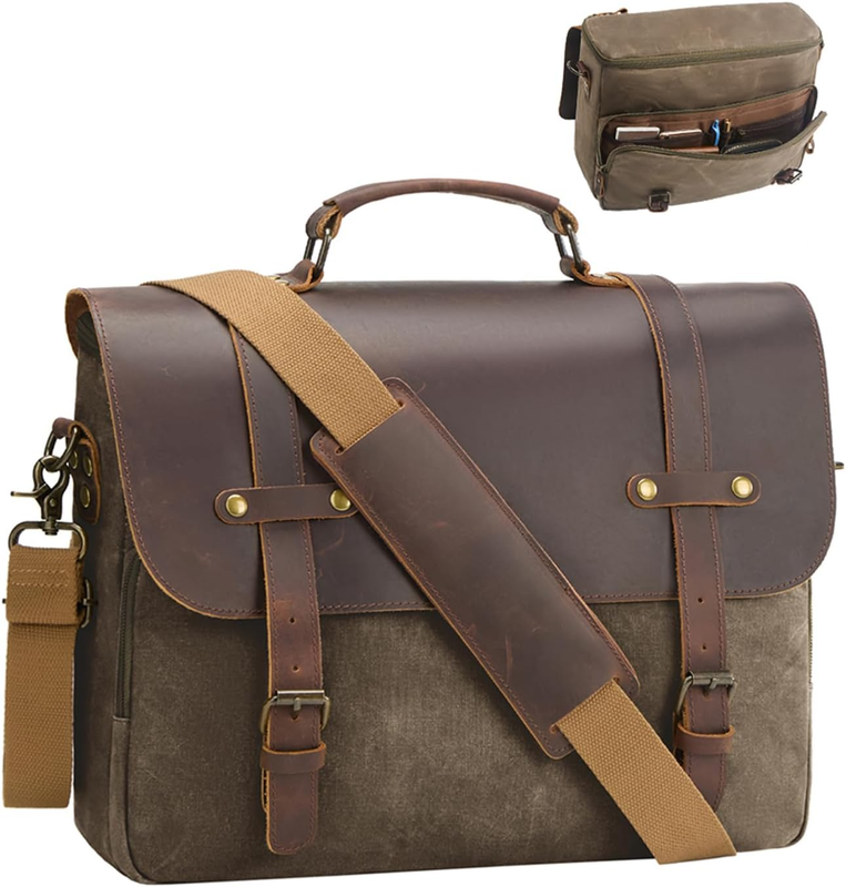 Mens Waxed Canvas Messenger Bag 16 Laptop Briefcase Leather Waterproof Satchel10