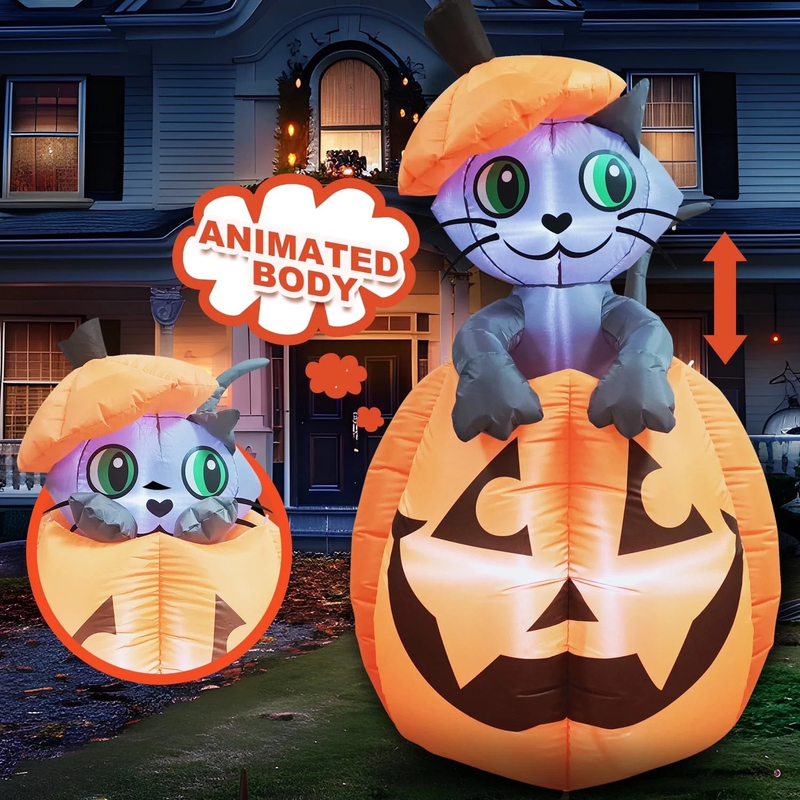 5Ft Halloween Inflatable Animated Kitty on Pumpkin Yard Lawn Decoration0