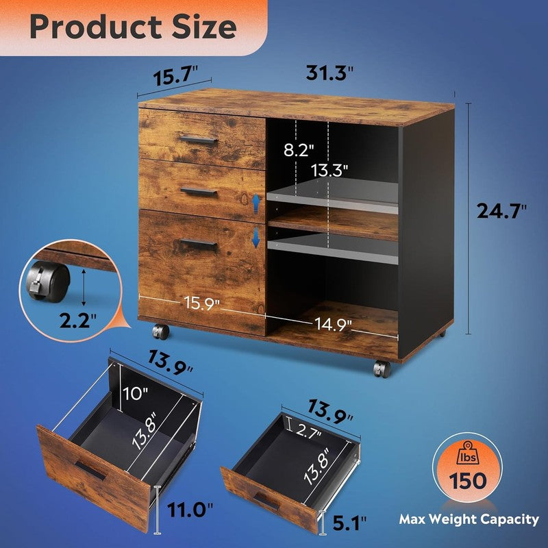Rustic Brown 3-Drawer Mobile File Cabinet & Printer Stand with Open Shelves2
