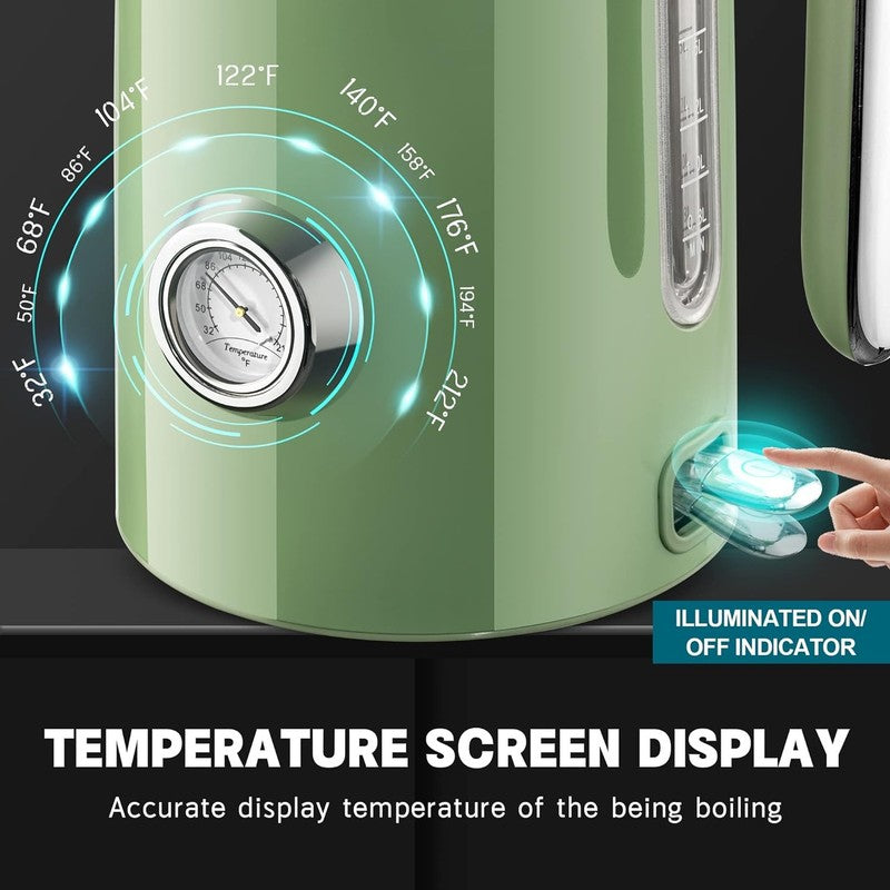 Electric Kettle 57Oz 1500W Stainless Steel Fast Boil w/ Thermometer Green7