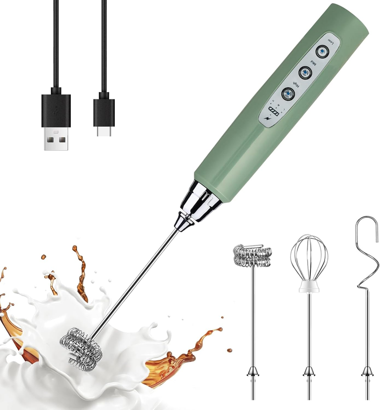 Milk Frother Handheld Rechargeable 3 Speed 3 Heads Coffee Whisk Green8