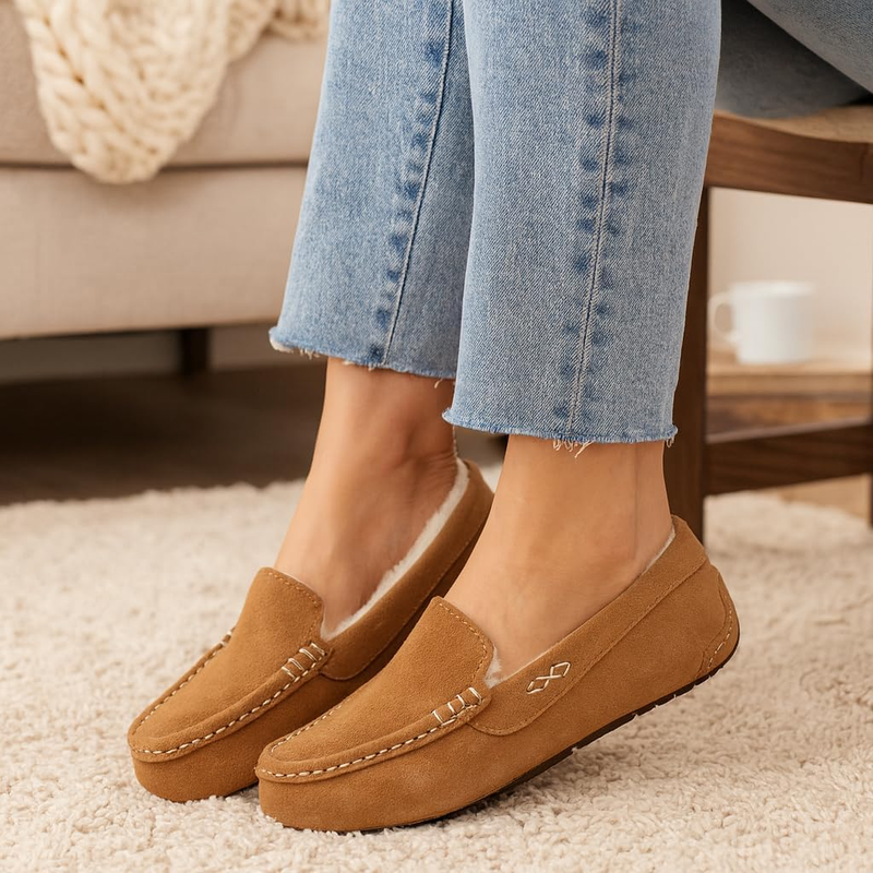 Genuine Leather Fur Lined Women Slippers Memory Foam Moccasin Cathi1