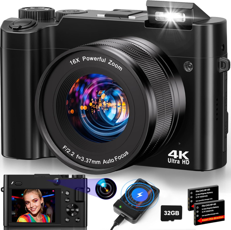 4K Digital Camera 64MP Vlogging Dual-Lens 16X Zoom Anti-Shake w 3" Selfie Screen10