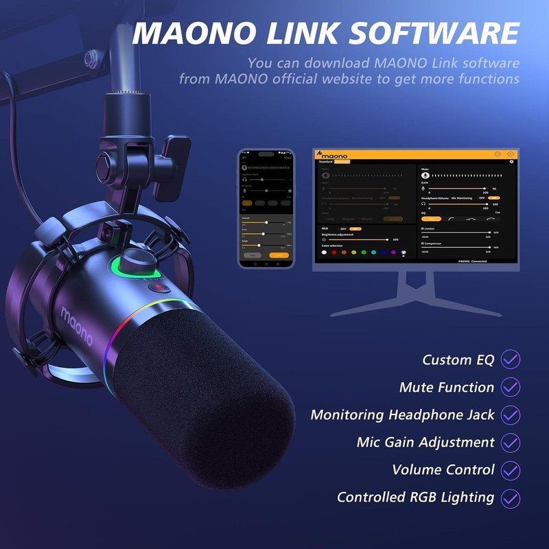 Dynamic RGB Microphone Kit XLR/USB with Boom Arm Mute Gain Control Black2