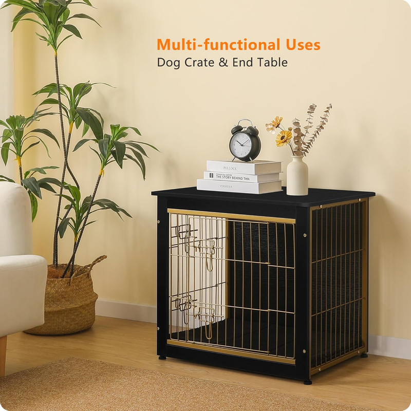 Dog Crate Furniture Table w/Cushion Wooden Kennel Double Door 27.2" Black/Gold2