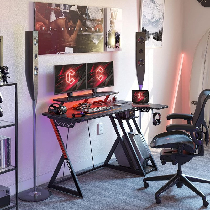 40" L Shaped Gaming Desk Aurora LED Lights Power Outlets Carbon Fiber w/ Shelves8