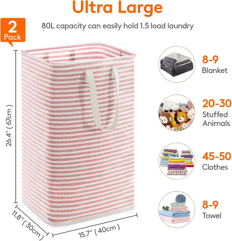 2 Pack 80L Laundry Basket Collapsible Waterproof Reinforced Handles Pink Blue3