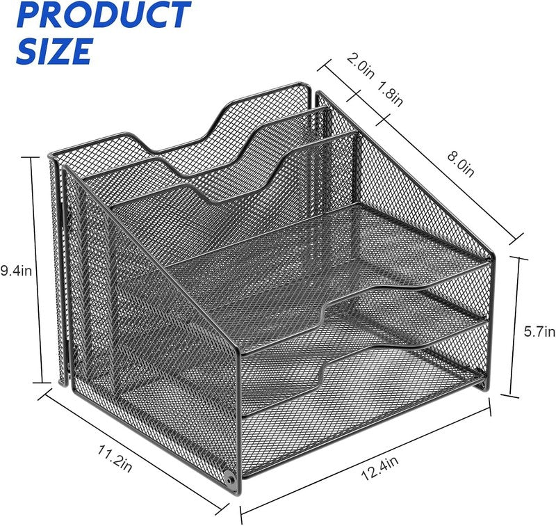 Desk File Organizer, Mesh Letter File Folder Holder with 3 Paper Trays and 2 Ver5