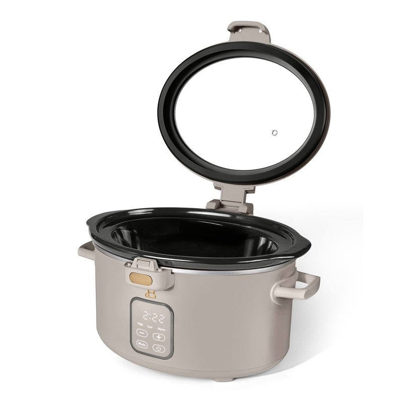 Drew Barrymore 4Qt Digital Slow Cooker Hinged Locking Lid Porcini Taupe5