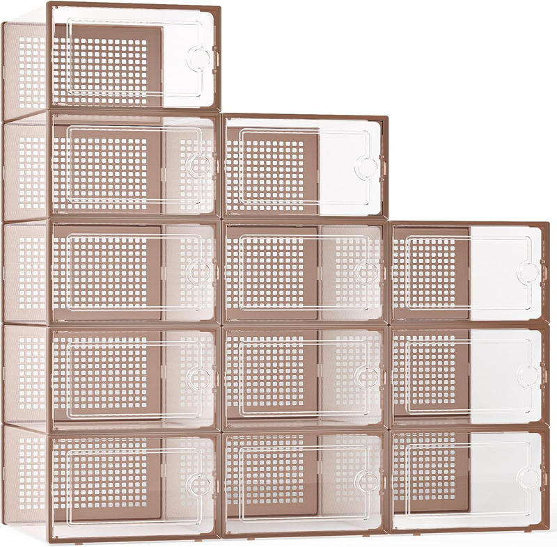 12 Pack X Large Clear Shoe Storage Boxes, Stackable Organizer Bins, Brown10