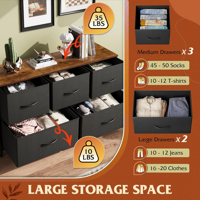 5 Drawer Fabric Dresser Chest Storage Closet Bedroom Black Rustic Brown4