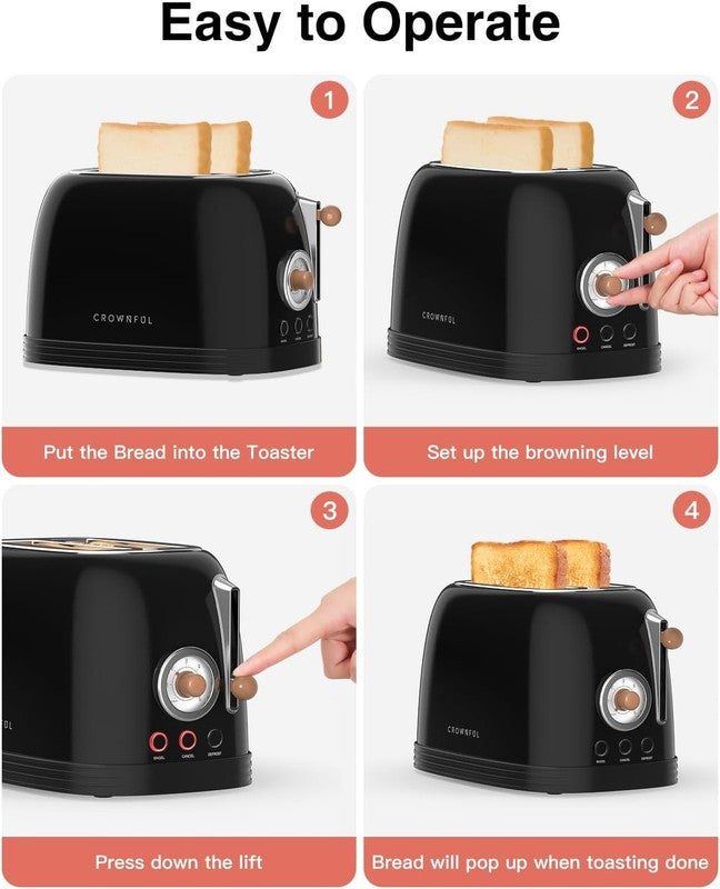 Retro 2-Slice Toaster Black - Wide Slots, Bagel, Cancel, Defrost, 6 Shade4