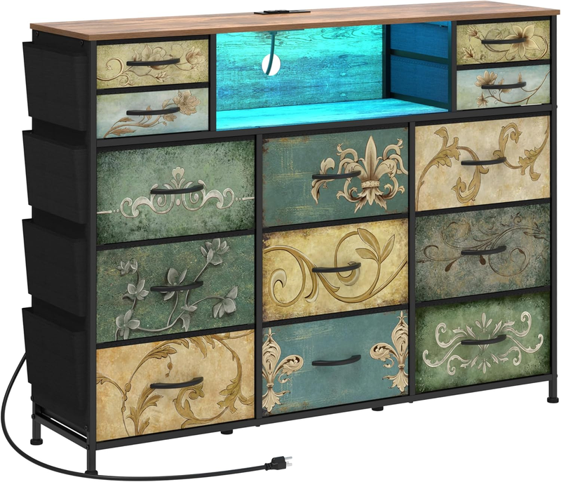 13 Drawer Retro Dresser TV Stand with Power Outlet LED Light Boho Storage Chest7