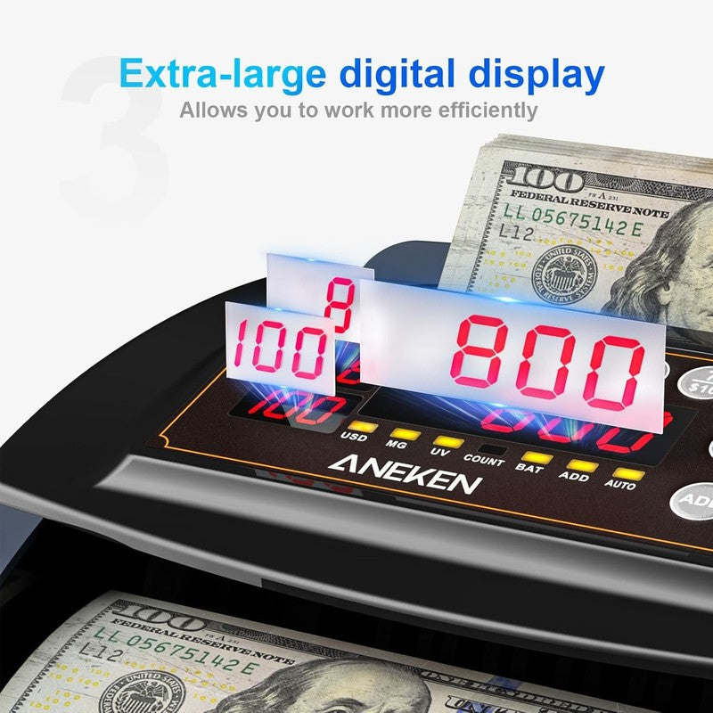 Money Counter with UV/MG/IR Detection, Value Count for Dollars & Euros LCD2