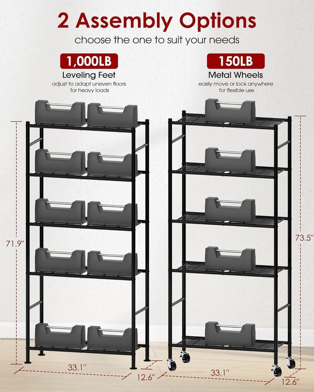 5 Tier Metal Storage Shelves w Wheels Heavy Duty Adjustable Black1