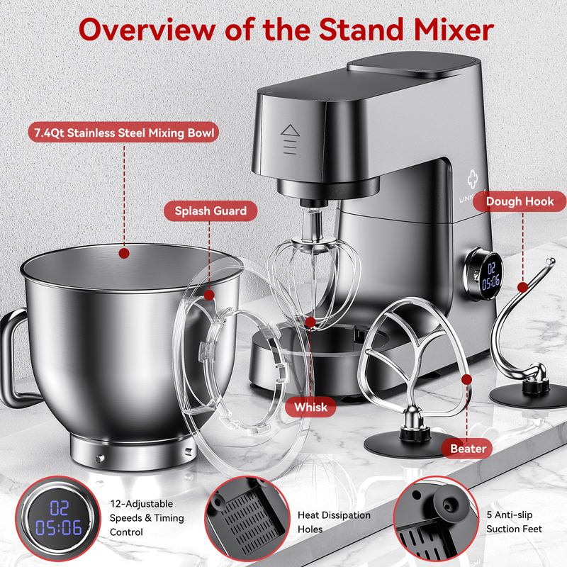 7.4QT Stand Mixer 800W 12 Speed Kitchen Electric Mixer Dough Hook Whisk Beater1