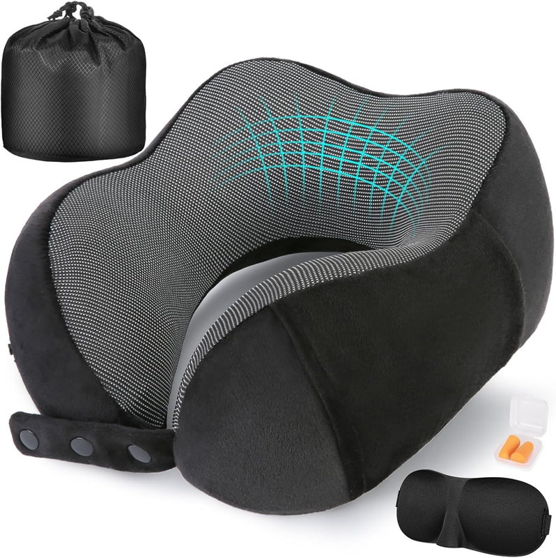Memory Foam Travel Neck Pillow Set w/ Eye Mask, Earplugs, Bag – Airplane Use0