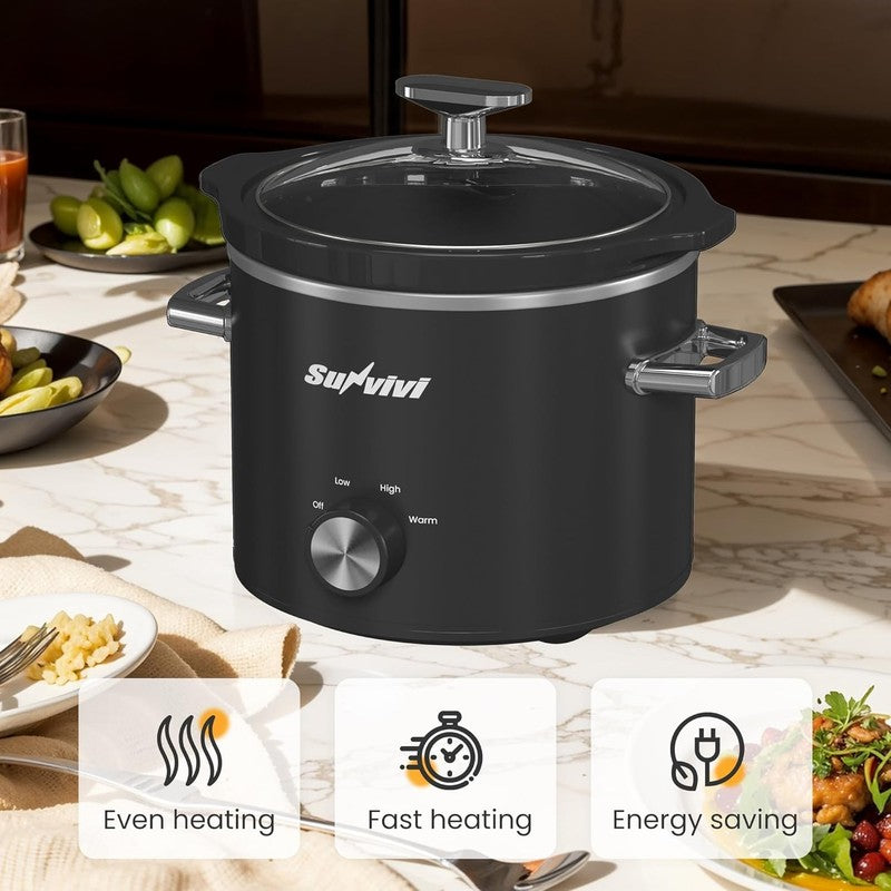 2Qt Slow Cooker Small Removable Ceramic 3-Setting Black Food Warmer2