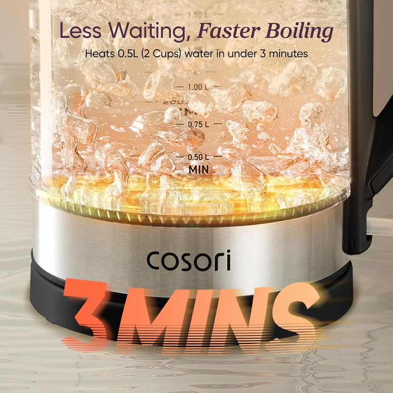 1.7L Glass Electric Kettle No Plastic Contact 1500W Auto Shut Off Black2