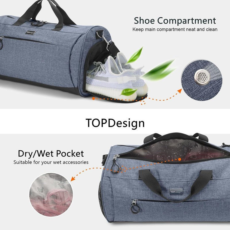 Gym Bag Unisex Duffel Shoe Compartment Wet Pocket Travel Sports Textured Blue M5