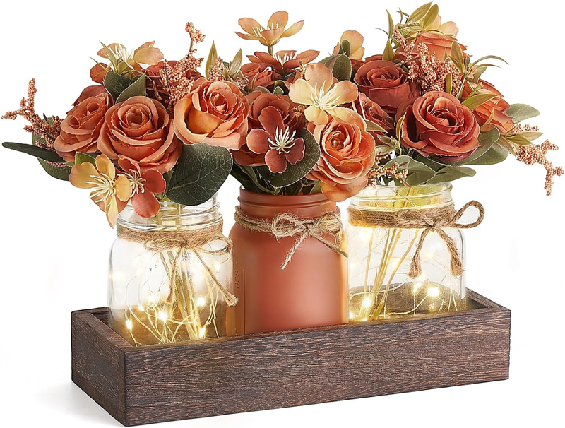Mason Jar Lights Table Centerpiece 3 Jar Fall Farmhouse Decor Orange8