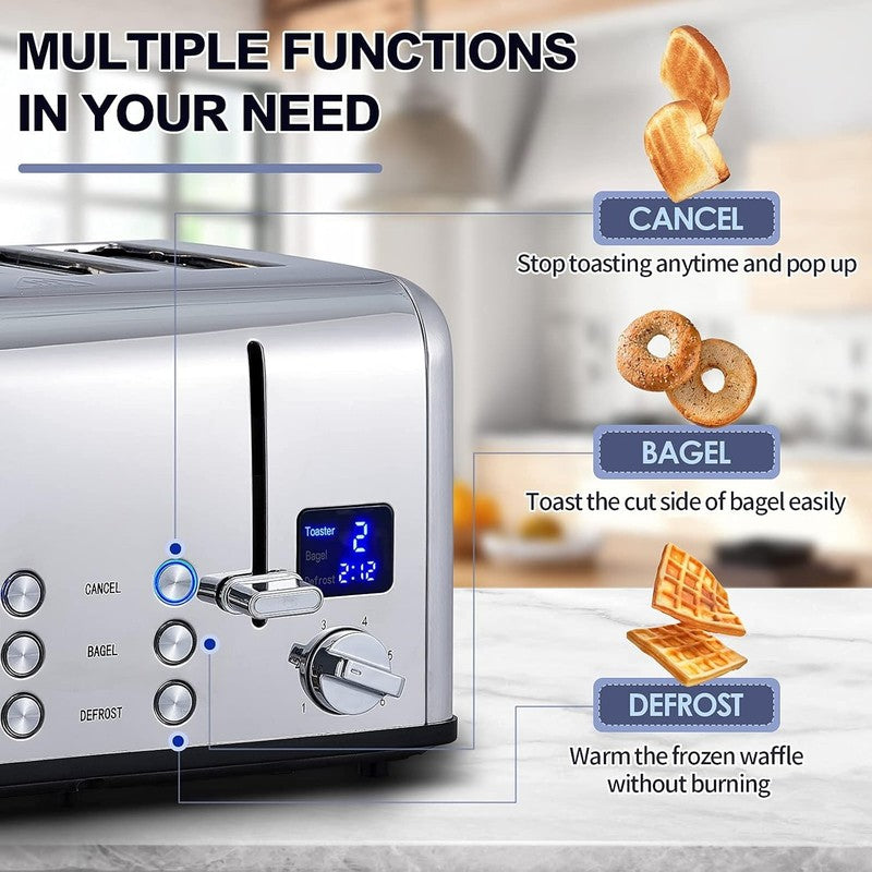 4 Slice Stainless Steel Toaster LED Wide Slots Bagel Defrost Cancel5