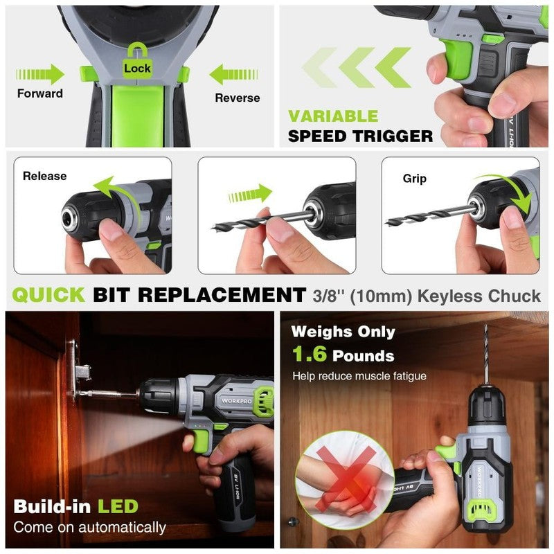 8V Cordless Drill Driver Set 2.0Ah 3/8in Keyless Chuck Tool Box DIY Repair Kit2