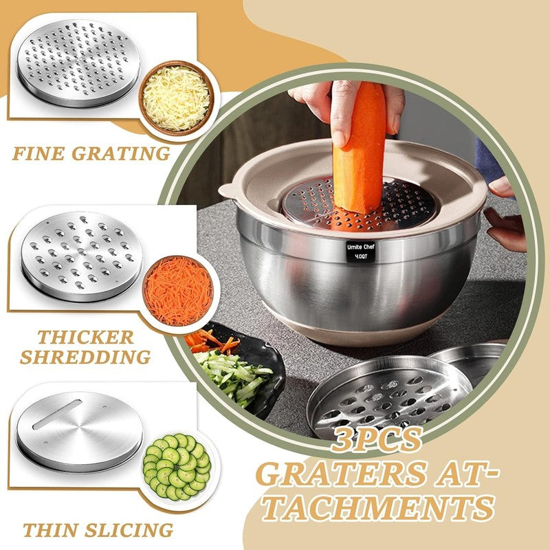 26PCS Stainless Steel Mixing Bowls Set with Airtight Lids & Grater Attachments2
