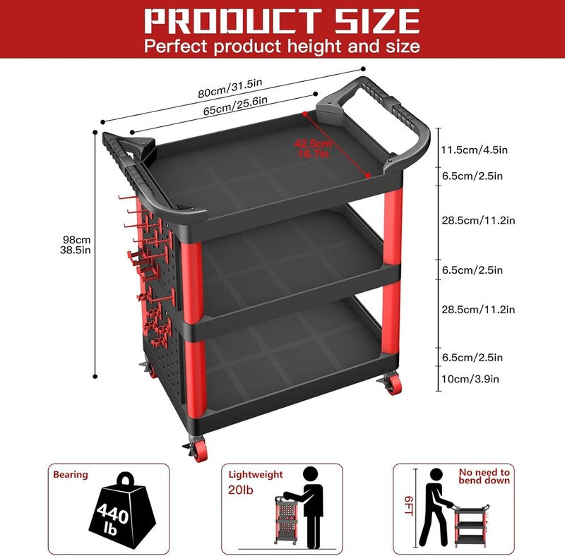 3 Tier Rolling Utility Tool Cart w/ Wheels Pegboard 440LB Garage Workshop1