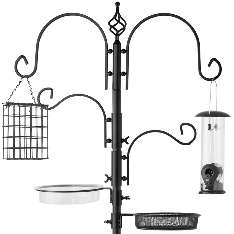 91" Black Steel 4-Hook Bird Feeding Station w/ 2 Feeders, Tray & Bird Bath0