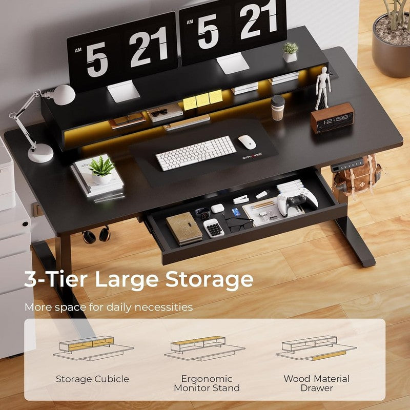 48x24 Electric Standing Desk w/ Drawers LED Power Memory Black4