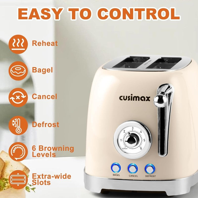 Cream Retro 2 Slice Toaster - Stainless Steel, Wide Slots, Bagel, 6 Settings3
