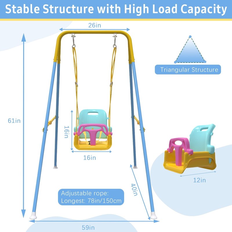 Foldable Baby Swing Set for Backyard, Indoor/Outdoor Toddler Swing Yellow & Blue1
