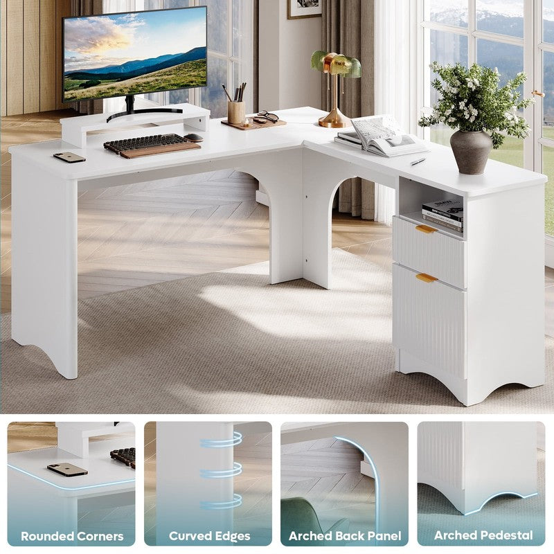 55" L-Shaped Desk with Drawers, Monitor Stand & Fluted Panels White1