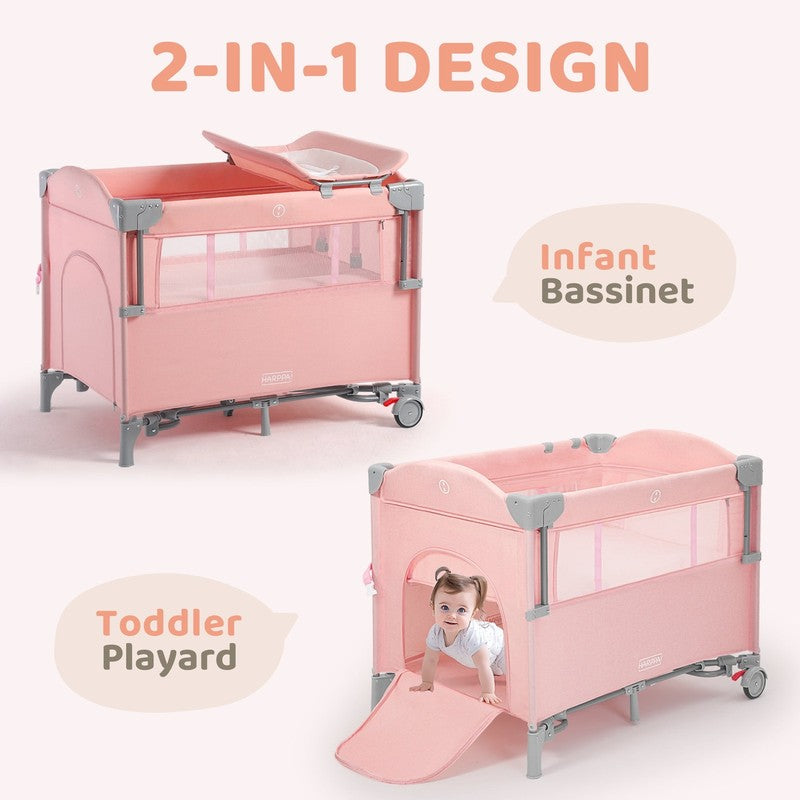 5 in 1 Portable Playard & Bassinet Pink Newborn to Toddler Easy Folding5