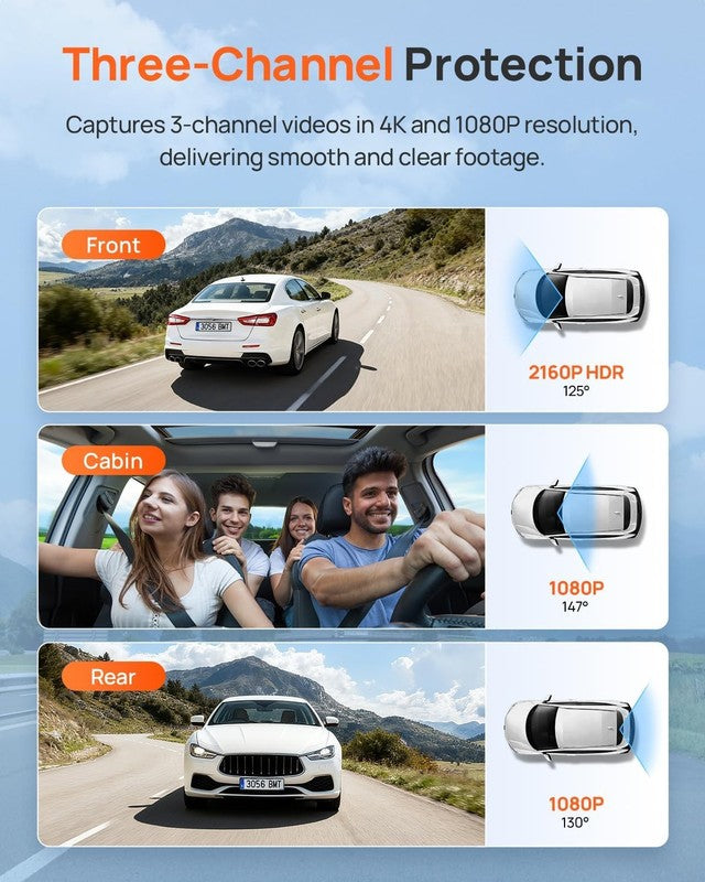 4K 3-Channel Dash Cam Front/Rear T800E GPS WiFi Voice Control Night Vision1