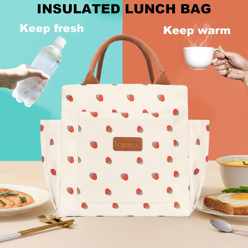 Insulated Lunch Bag Large Reusable Tote w/ Bottle Holder Strawberry1