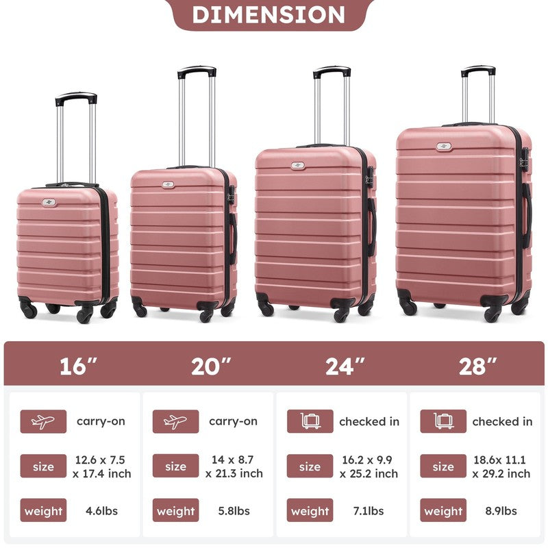 4 Piece Luggage Set Hardside Spinner Suitcase 16 20 24 28 Inch Lightweight Pink1